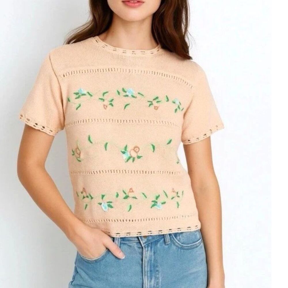 Vintage 80s Ship N Shore Pink Ribbon Floral Embroidered Knit SS Sweater Size S
